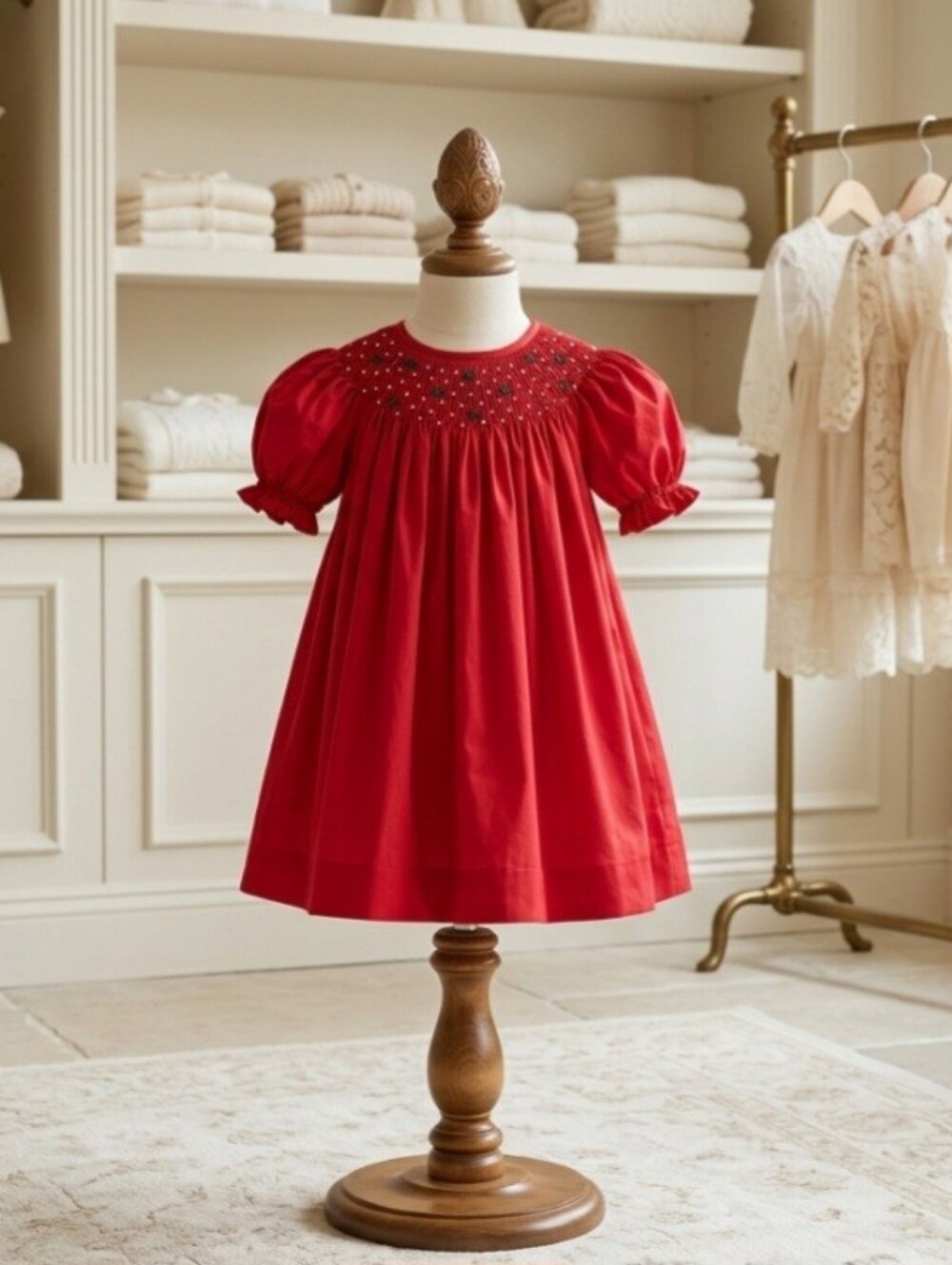 Love Me Red Heirloom Smocked Bishop Dress with Green Bows & Pearls Size 4